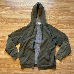 Olive green Faded Glory zip up hoodie with a vintage vibe